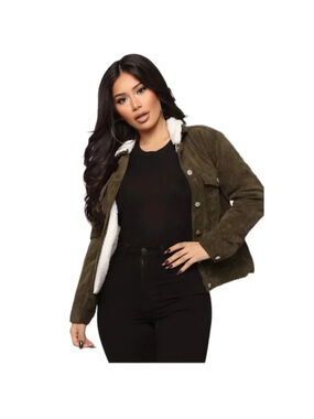 FASHION NOVA Living Without You Corduroy Sherpa Trucker Jacket Olive Size Medium